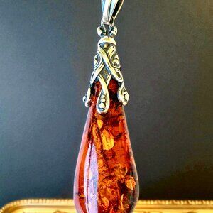 Sterling Silver Honey Baltic Amber Teardrop Pendant